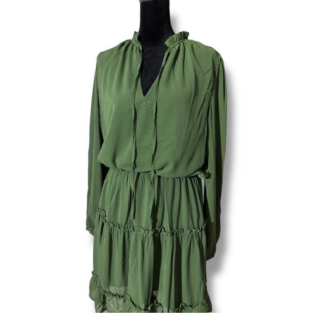 Amazon Army Green Ruffled Tiered V Neck Tie Loose Fit Long Sleeve Mini Sundress - Picture 3 of 16